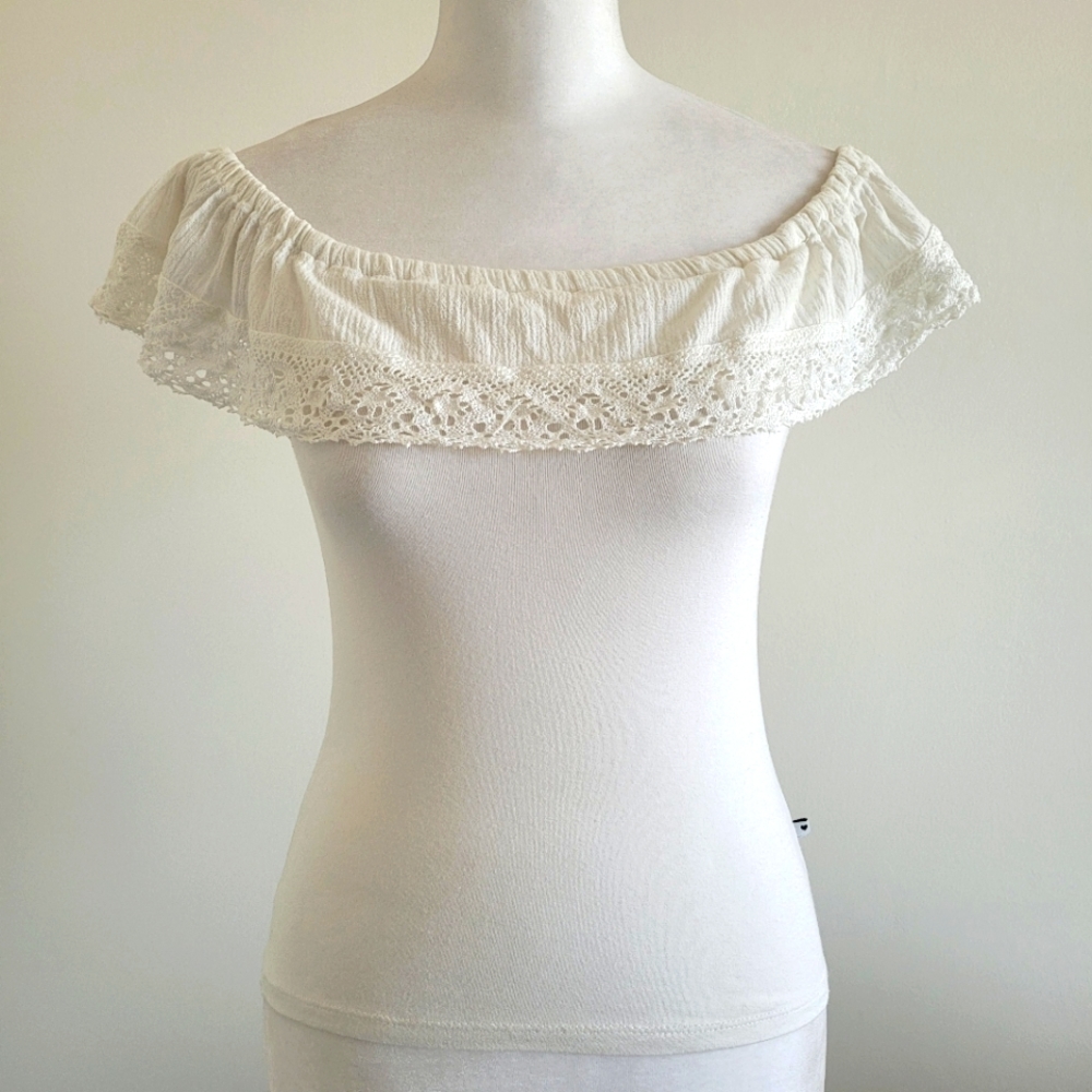 Morgan Women's Off Shoulder Top Crochet Ruffle Trim Jersey Knit Bodice